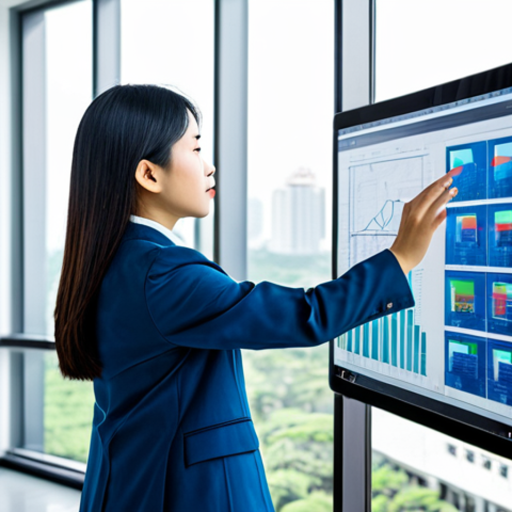 A professional Vietnamese female software architect in a modest business suit, fully clothed, standing confidently in a bright, modern office. She is looking intently at a large, transparent digital screen displaying complex software architecture blueprints and strategic data flow diagrams. One hand gently touches a tablet showing a foundational building plan. The background features a blurred, vibrant cityscape of Ho Chi Minh City through large windows. Professional photography, sharp focus, natural light, perfect anatomy, correct proportions, natural pose, well-formed hands, proper finger count. Safe for work, appropriate content, fully clothed, professional.