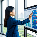 A professional Vietnamese female software architect in a modest business suit, fully clothed, standing confidently in a bright, modern office. She is looking intently at a large, transparent digital screen displaying complex software architecture blueprints and strategic data flow diagrams. One hand gently touches a tablet showing a foundational building plan. The background features a blurred, vibrant cityscape of Ho Chi Minh City through large windows. Professional photography, sharp focus, natural light, perfect anatomy, correct proportions, natural pose, well-formed hands, proper finger count. Safe for work, appropriate content, fully clothed, professional.