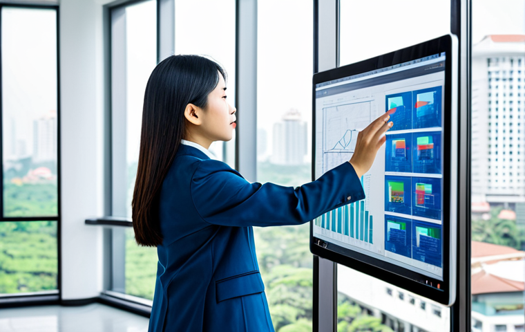 A professional Vietnamese female software architect in a modest business suit, fully clothed, standing confidently in a bright, modern office. She is looking intently at a large, transparent digital screen displaying complex software architecture blueprints and strategic data flow diagrams. One hand gently touches a tablet showing a foundational building plan. The background features a blurred, vibrant cityscape of Ho Chi Minh City through large windows. Professional photography, sharp focus, natural light, perfect anatomy, correct proportions, natural pose, well-formed hands, proper finger count. Safe for work, appropriate content, fully clothed, professional.