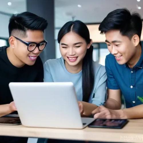 기술 스택 구성 시 고려해야 할 요소 - **Prompt:** A dynamic, wide shot of a diverse group of four young Vietnamese tech professionals (two...
