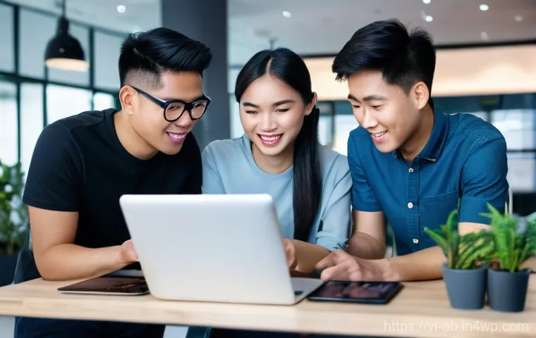 기술 스택 구성 시 고려해야 할 요소 - **Prompt:** A dynamic, wide shot of a diverse group of four young Vietnamese tech professionals (two...