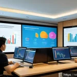 기술 스택의 성과를 시각화하는 방법 - A modern Vietnamese office environment showcasing a diverse team of professionals collaborating arou...