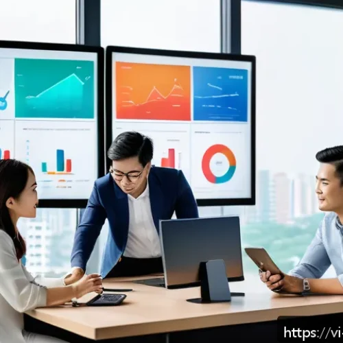 기술 스택을 통한 경쟁력 확보하기 - A modern Vietnamese business office scene showcasing a diverse team of professionals collaborating a...