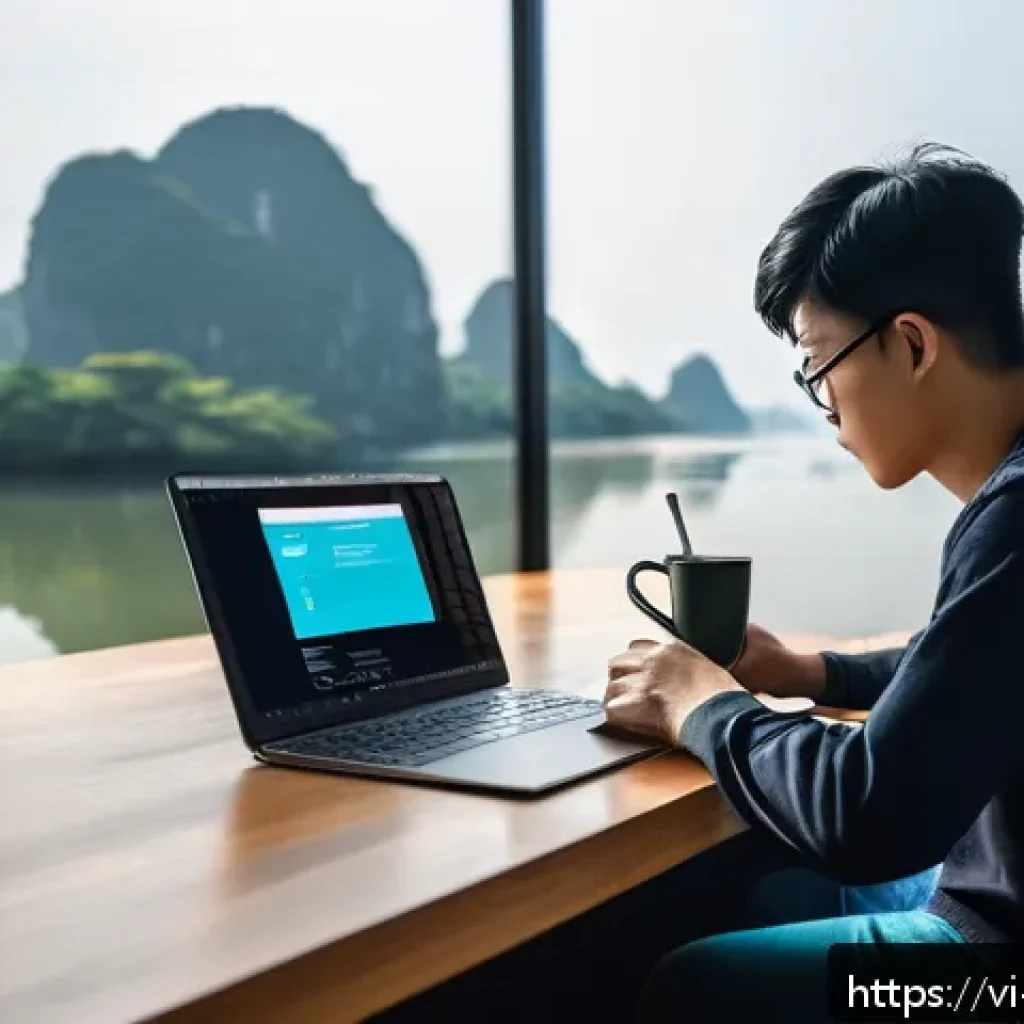 가장 인기 있는 기술 스택의 특징 - A modern software developer workspace in Vietnam, featuring a sleek laptop displaying Vue.js code wi...