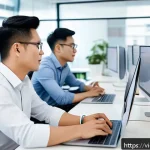 기술 스택의 품질 관리 방법 - A modern Vietnamese software development team collaborating in a bright, open office space, with div...