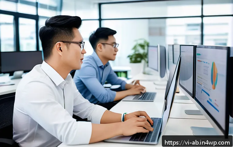 기술 스택의 품질 관리 방법 - A modern Vietnamese software development team collaborating in a bright, open office space, with div...
